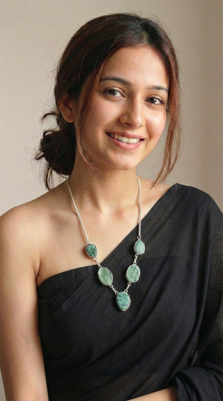 Sea Green Sugar Druzy Natural Gemstones Embedded Silver Chain Necklace