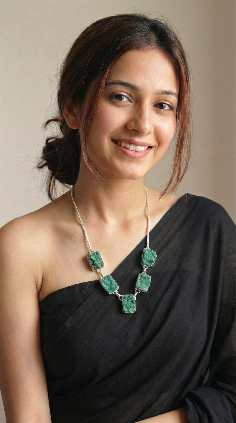 Green Sugar Druzy Natural Gemstones Embedded Silver Chain Necklace