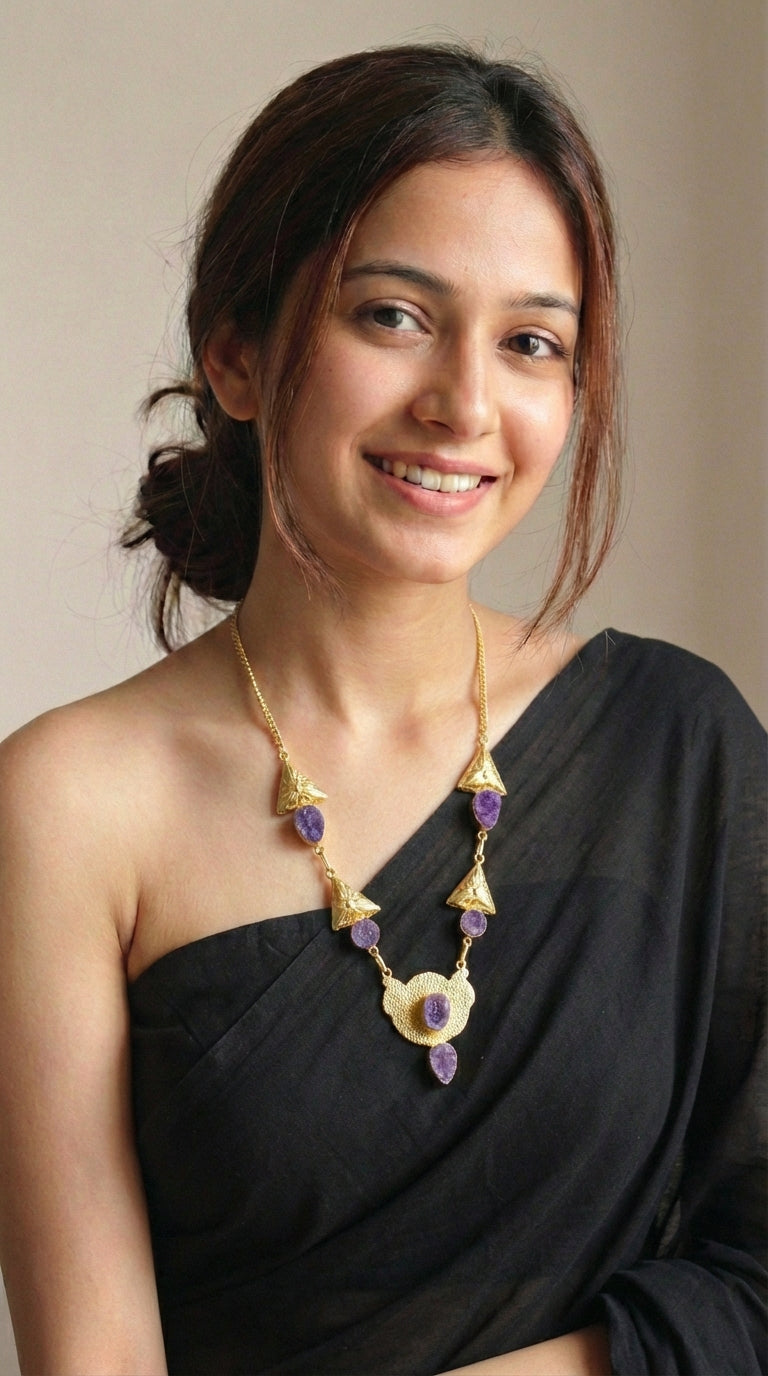 Purple Sugar Druzy Natural Gemstones Embedded Gold Finish Necklace