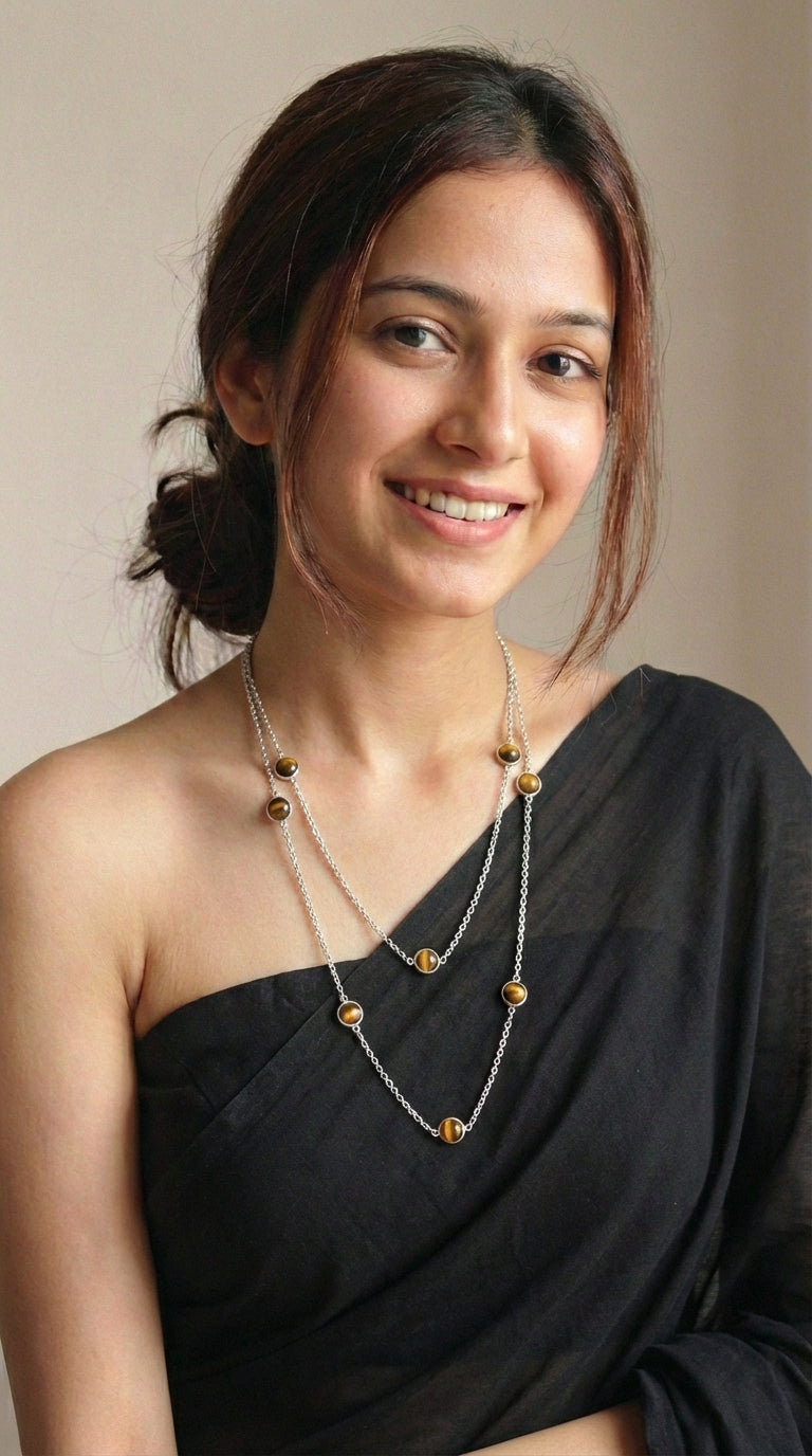 Shaded Brown Natural Gemstones Embedded Silver Chain Necklace