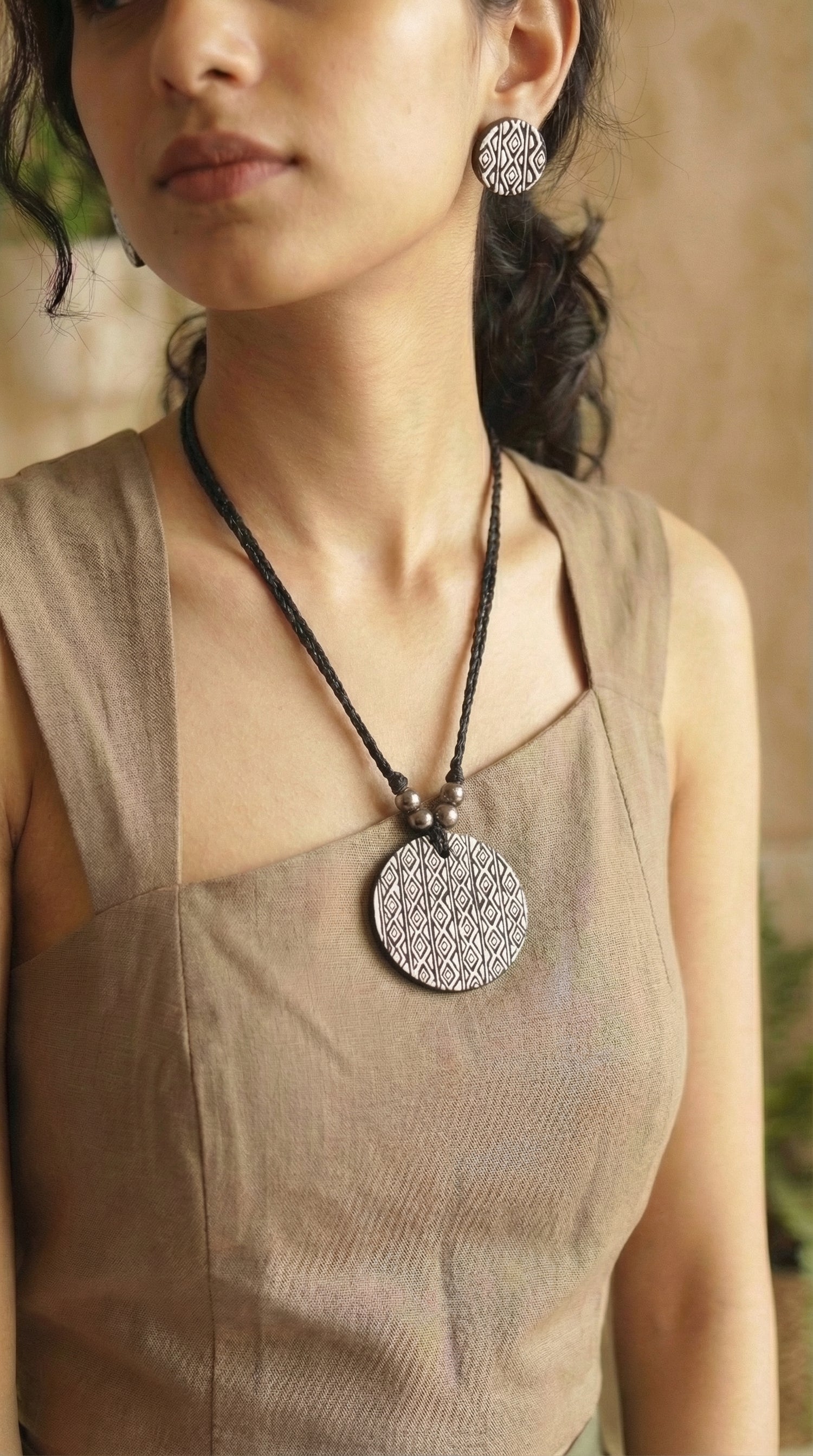 Monochrome Hand Painted Terracotta Clay Necklace Set