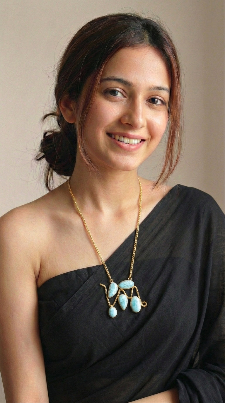 Blue Larimar Natural Gemstones Embedded Gold Chain Necklace