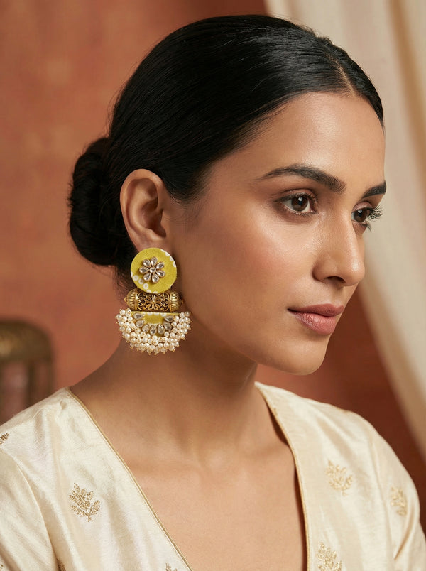 Kundan Flower Olive Green Fabric Jhumka Earrings with Ring