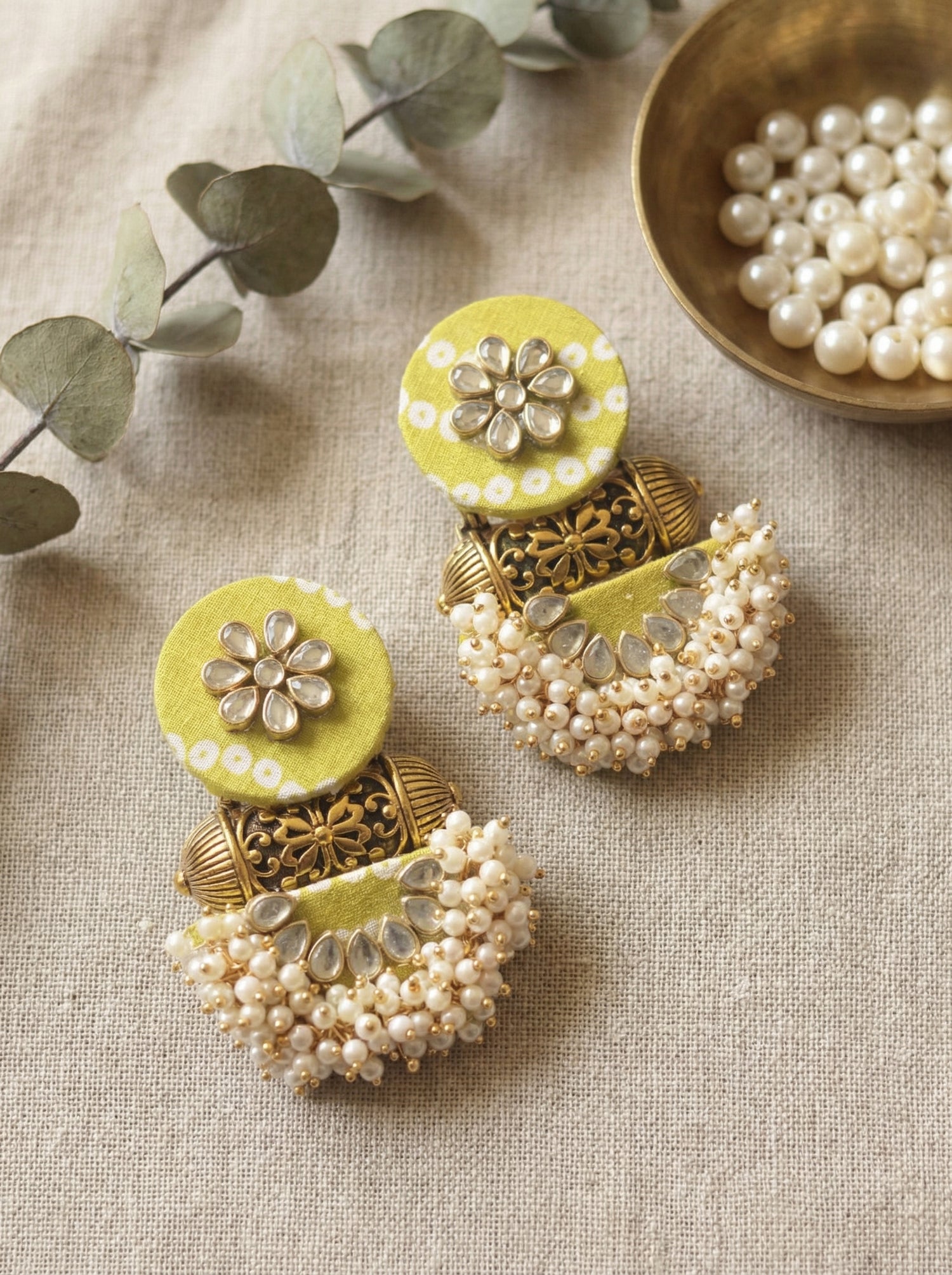 Kundan Flower Olive Green Fabric Jhumka Earrings with Ring