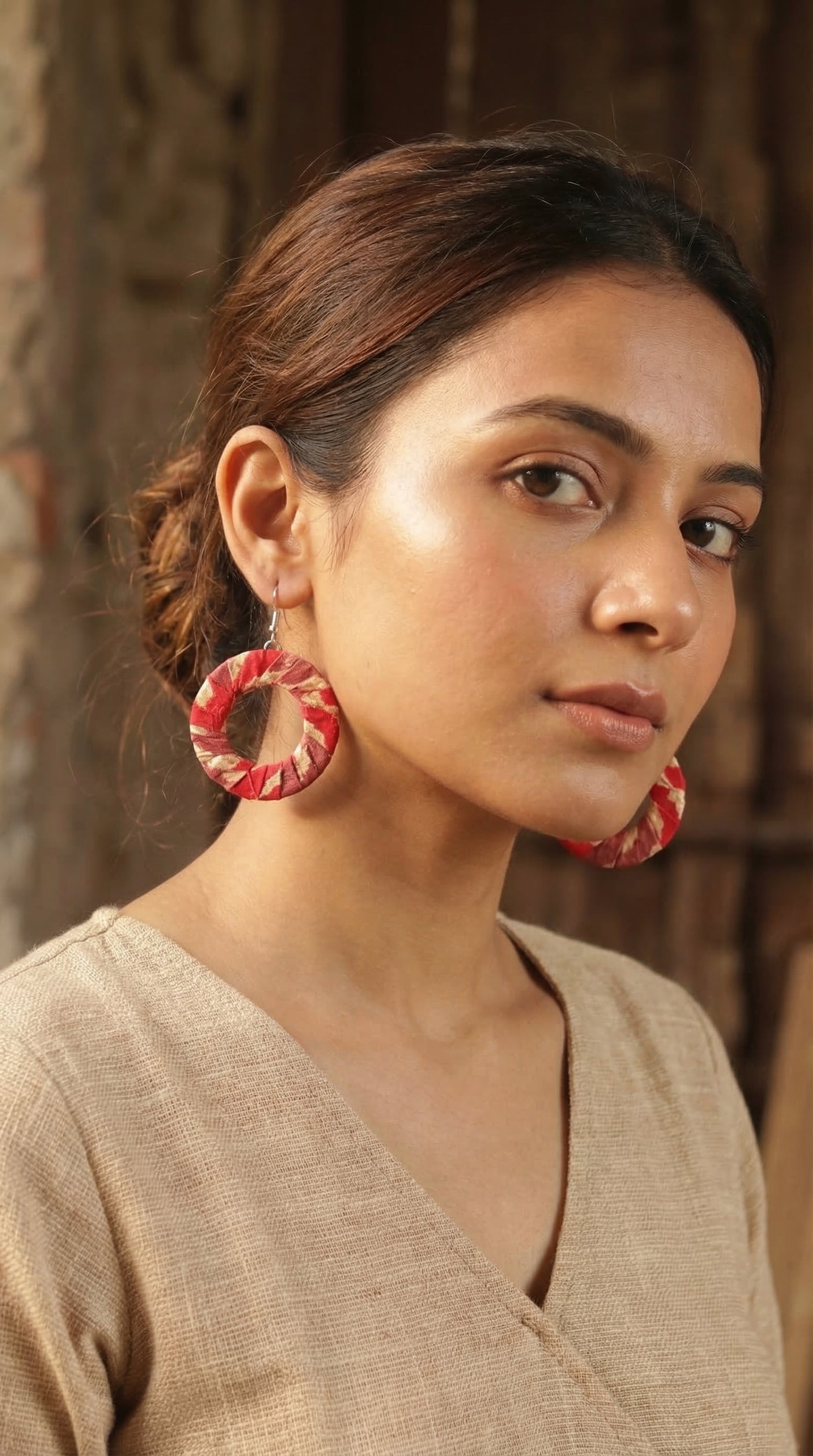 Laal Ikat Fabric Hoop Earrings