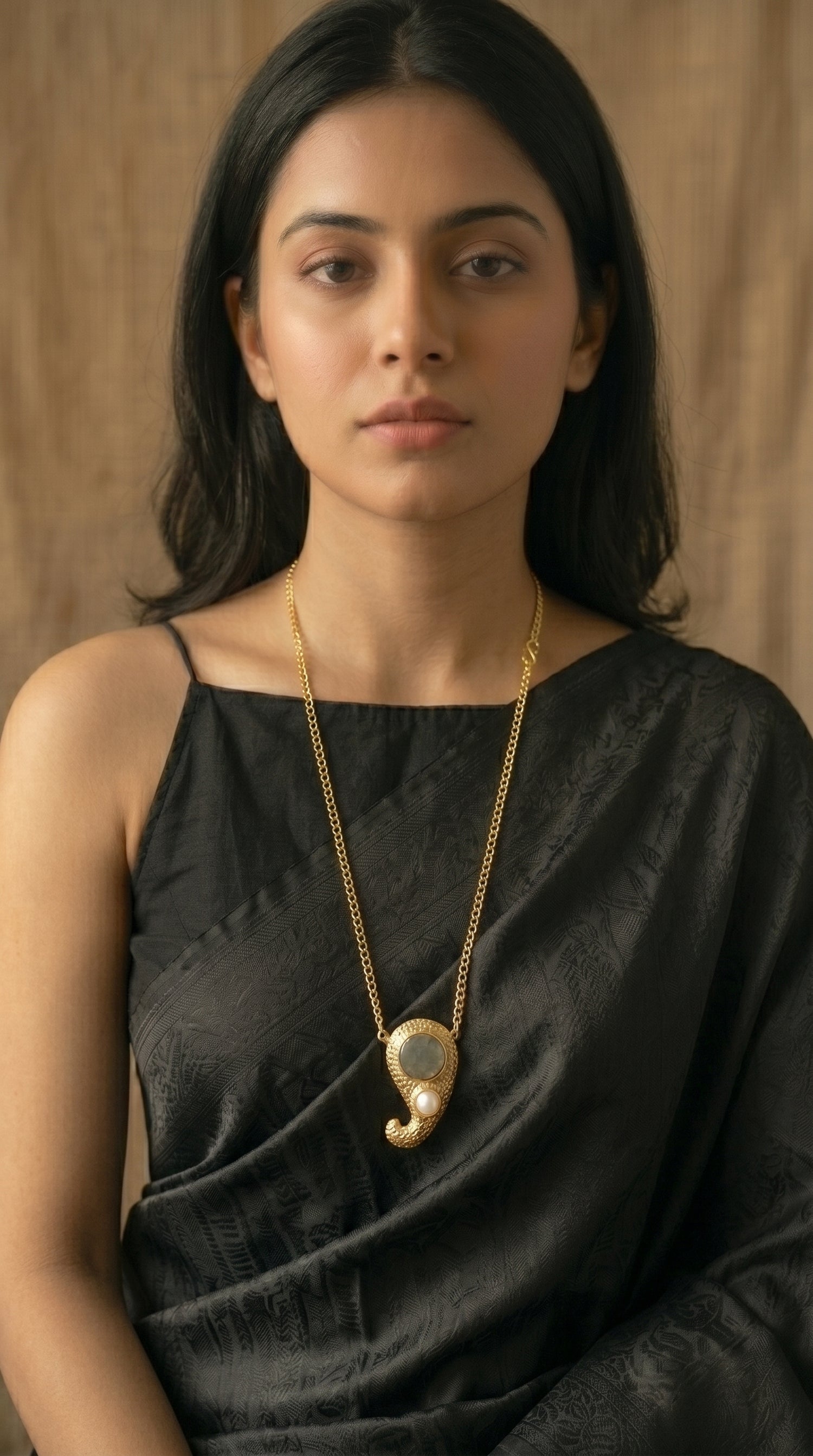 Labradorite & Pearl Gold Textured Pendant on Gold Chain Necklace