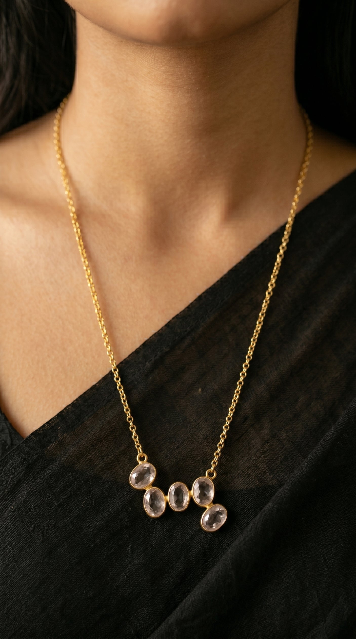 Lavender Dewdrops Gold Toned Gemstones Embedded Necklace