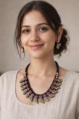 Flowers and Leaves Hand Painted Terracotta Clay Choker Necklace Set with Adjustable Thread Closure