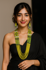 Lemon Yellow Hand Beaded Long Necklace Set