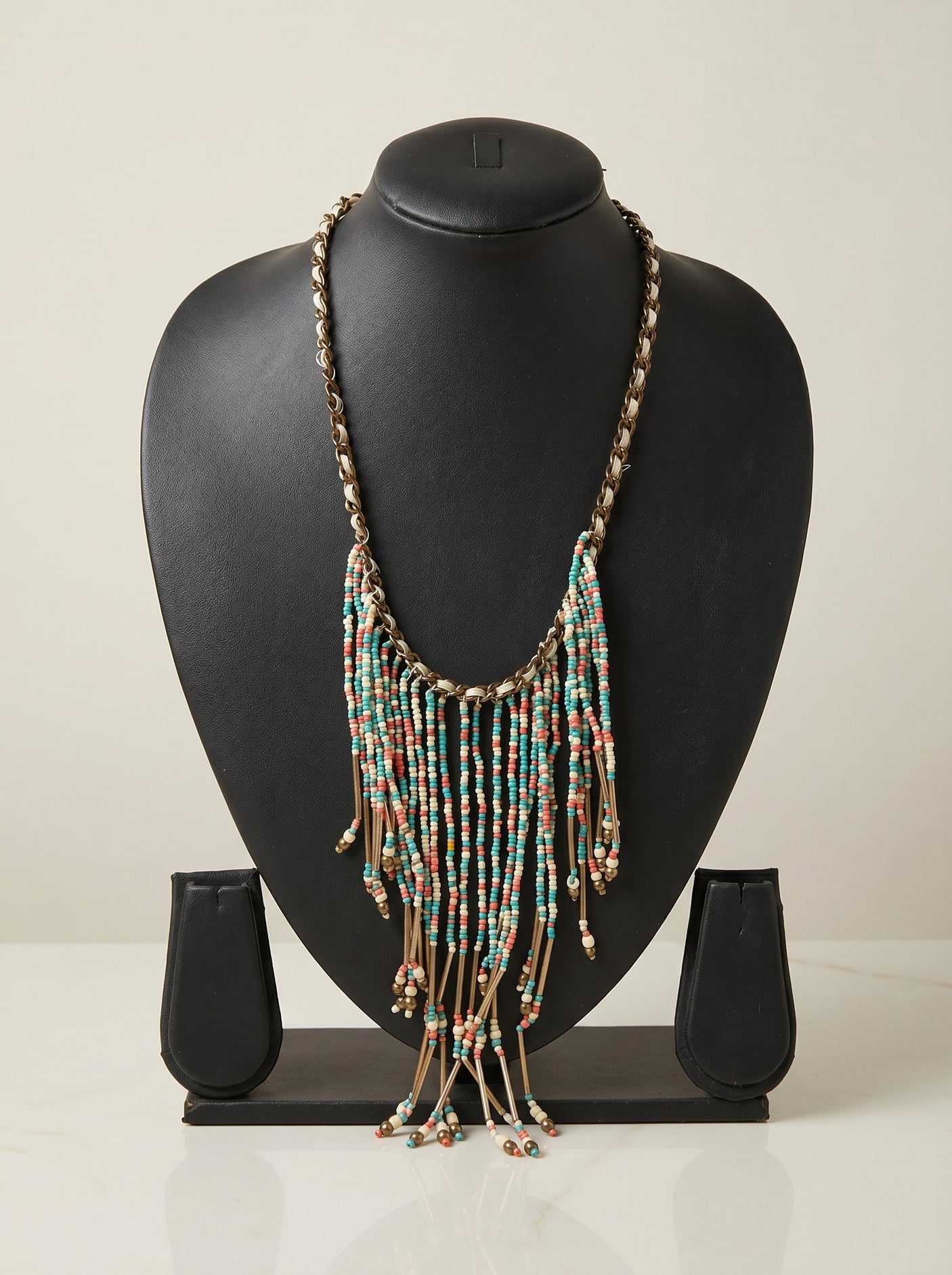 Coral and Teal Boho Handmade Necklace with Chain Closure