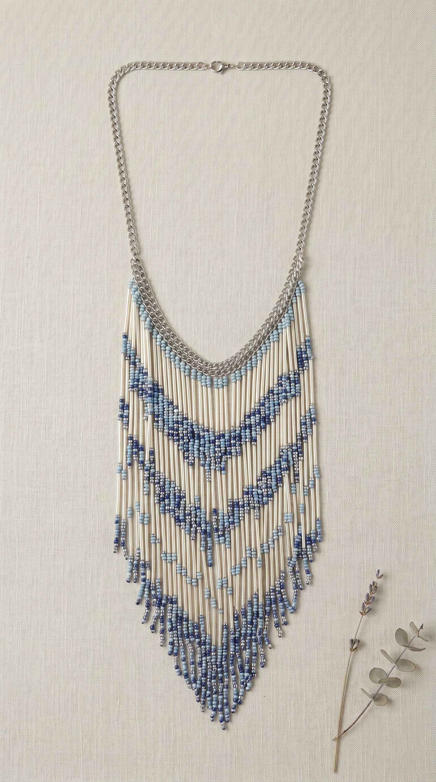 Blue Chevron Wave Seed Bead & Silver Tube Fringe Necklace