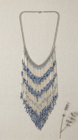 Blue Chevron Wave Seed Bead & Silver Tube Fringe Necklace