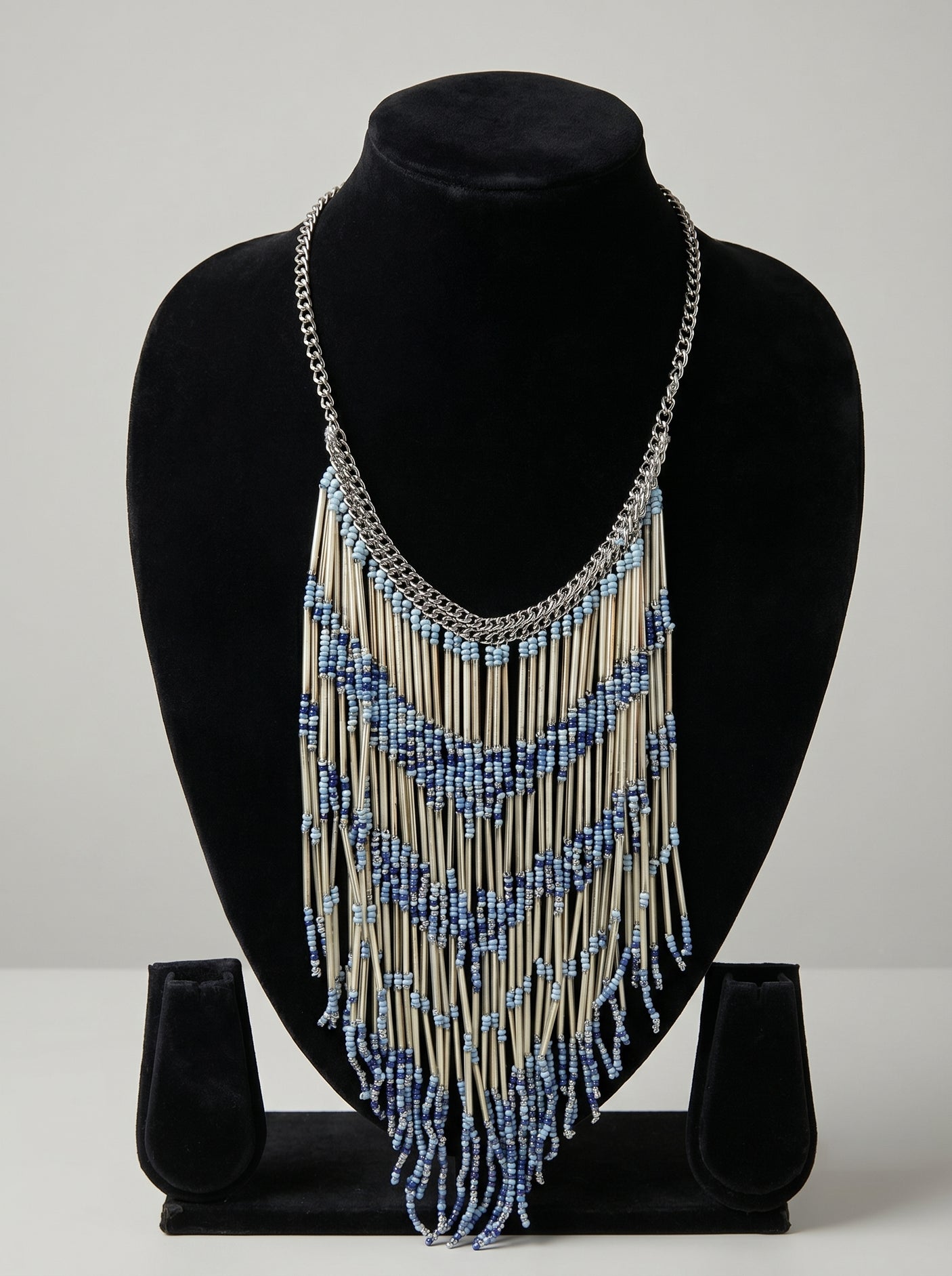 Blue Chevron Wave Seed Bead & Silver Tube Fringe Necklace