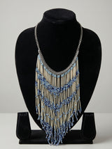 Blue Chevron Wave Seed Bead & Silver Tube Fringe Necklace