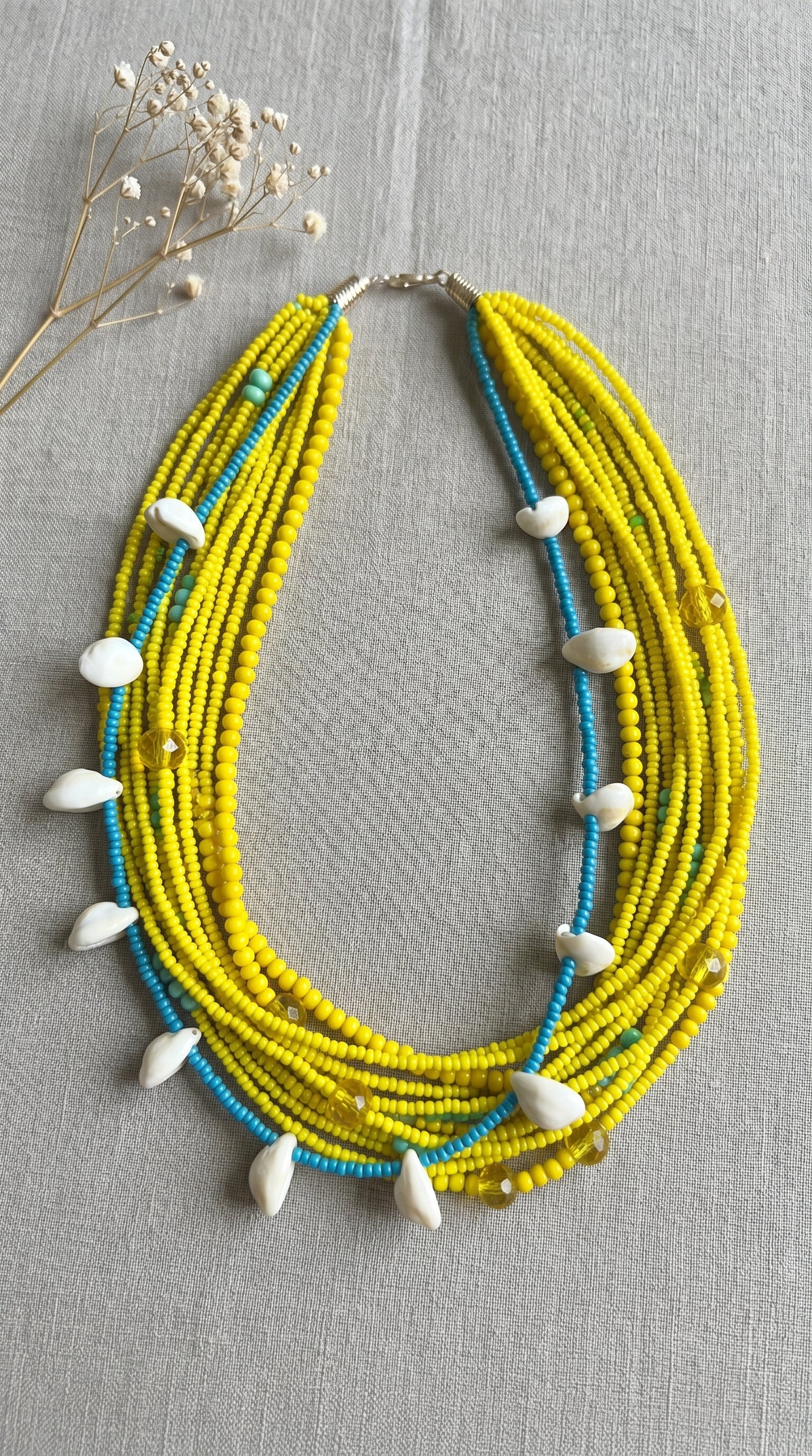 Yellow and Blue Multi Layer Handmade Beaded Necklace
