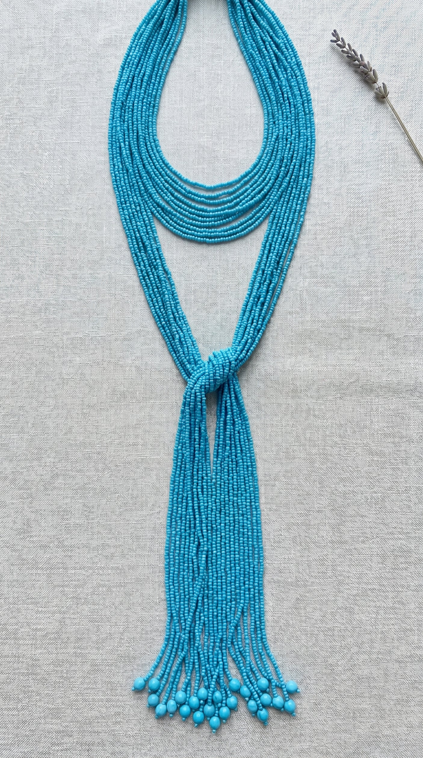 Aqua Blue Multi-Strand Seed Bead Knot Necklace