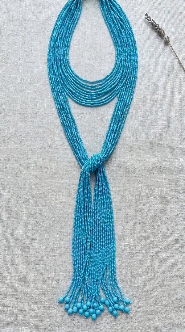 Aqua Blue Multi-Strand Seed Bead Knot Necklace