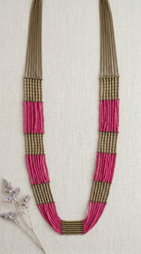 Pink and Gold Multi-Layer Handmade Long Beaded Necklace