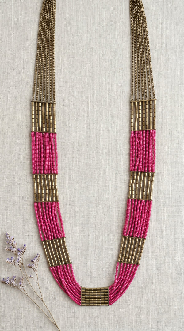 Pink and Gold Multi-Layer Handmade Long Beaded Necklace