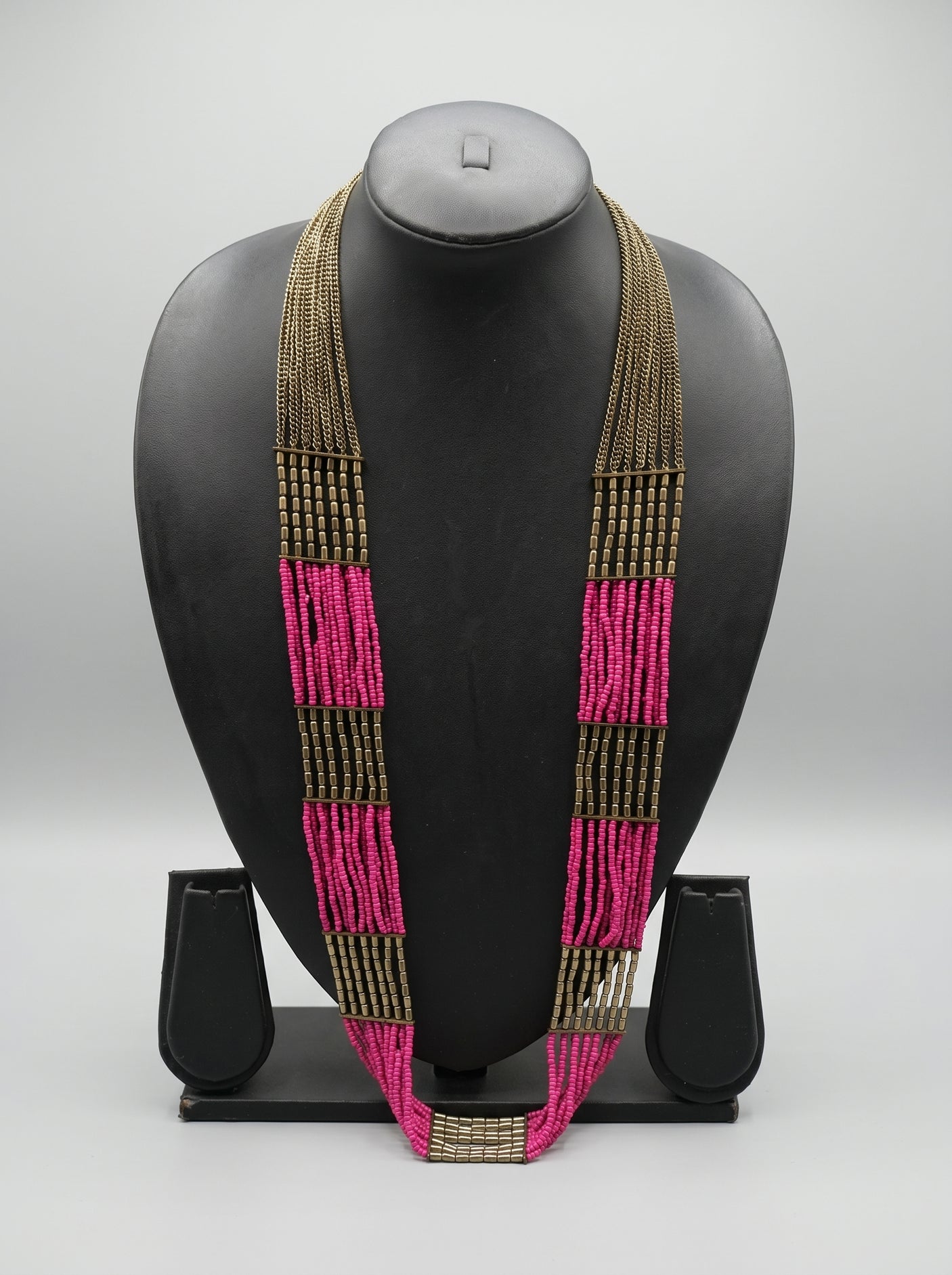Pink and Gold Multi-Layer Handmade Long Beaded Necklace