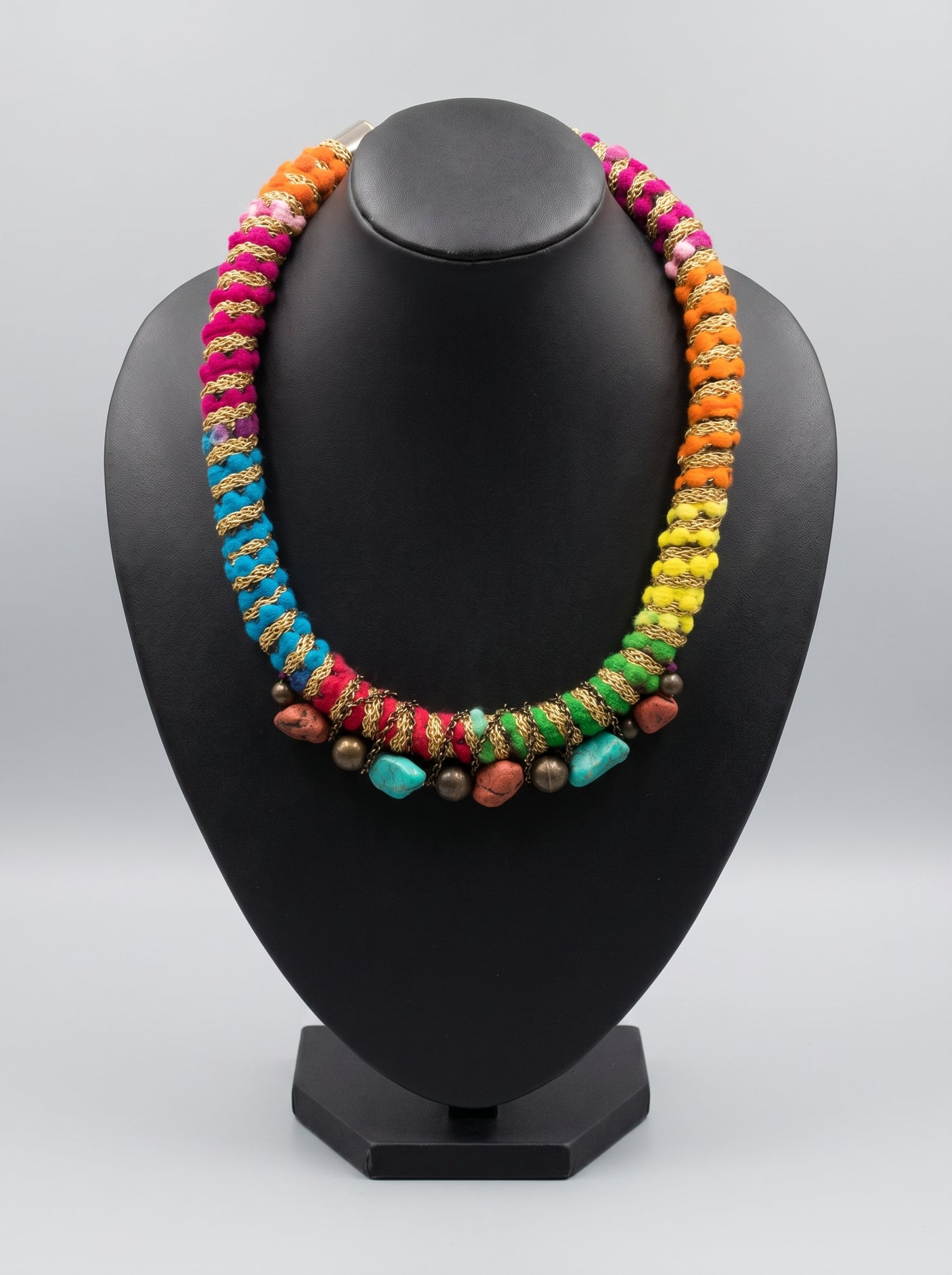 Multi-Color Handmade Fabric Necklace with Gemstones