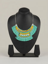 Blue and Yellow Beads and Fabric Threads Handmade Boho Necklace
