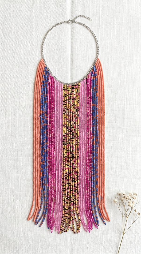 Multi-Color Beads Statement Handmade Waterfall Necklace