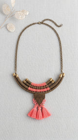 Layered Antique Brass Necklace with Coral Tassels