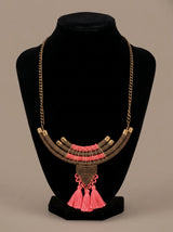Layered Antique Brass Necklace with Coral Tassels