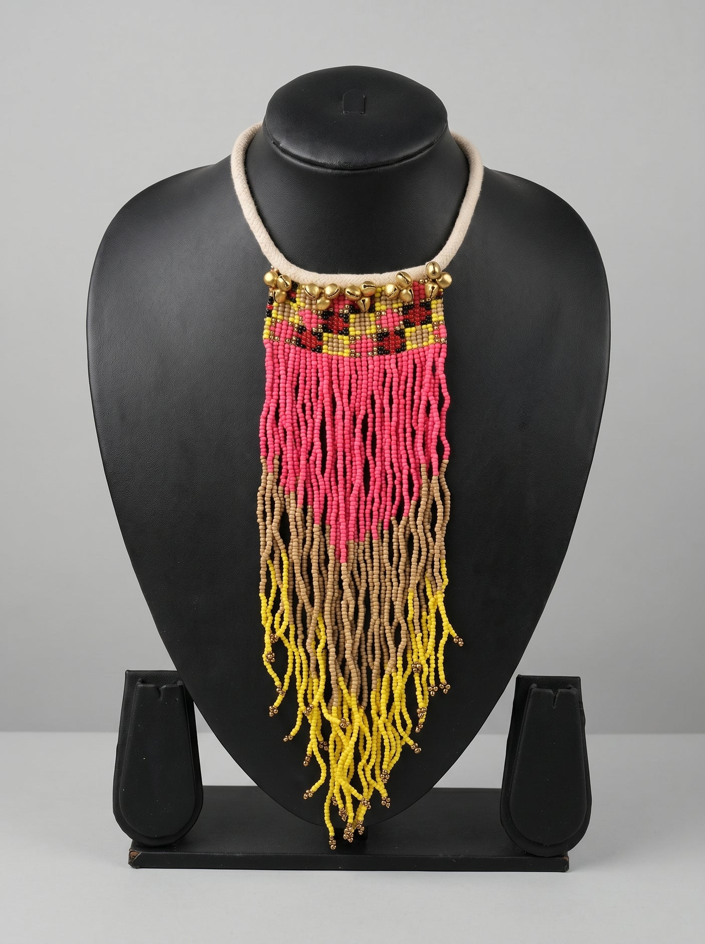 Hand Beaded Multi-Color Vibrant Waterfall Necklace with Ghungroos