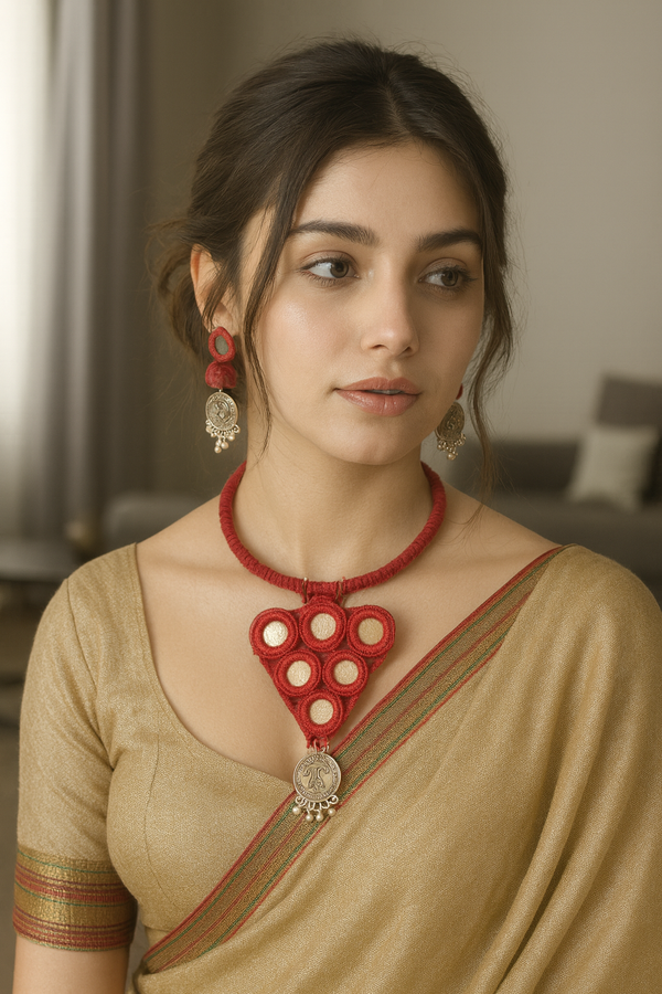 Maroon Fabric and Mirrors Hand Embroidered Hasli Necklace Set