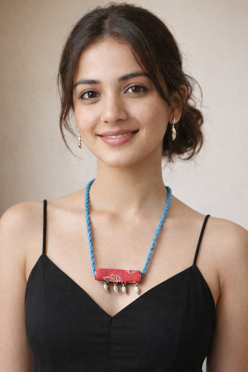 Maroon Kalamkari Fabric Necklace Set Embellished with Leaf Metal Charms