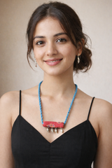 Maroon Kalamkari Fabric Necklace Set Embellished with Leaf Metal Charms