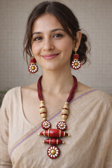 Maroon and Golden Handmade Terracotta Clay Adjustable Length Necklace Set