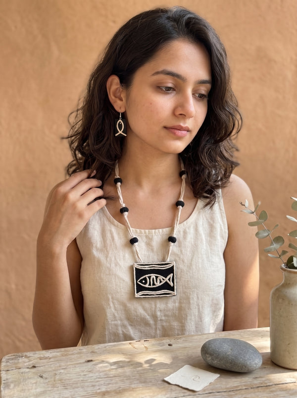 Matsya Fabric and Jute Statement Handmade Necklace Set