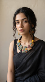 Hand Painted Abstract Motifs Terracotta Clay Necklace Set