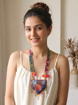 Multi-Color Block Printed Fabric Necklace Accentuated with Shells