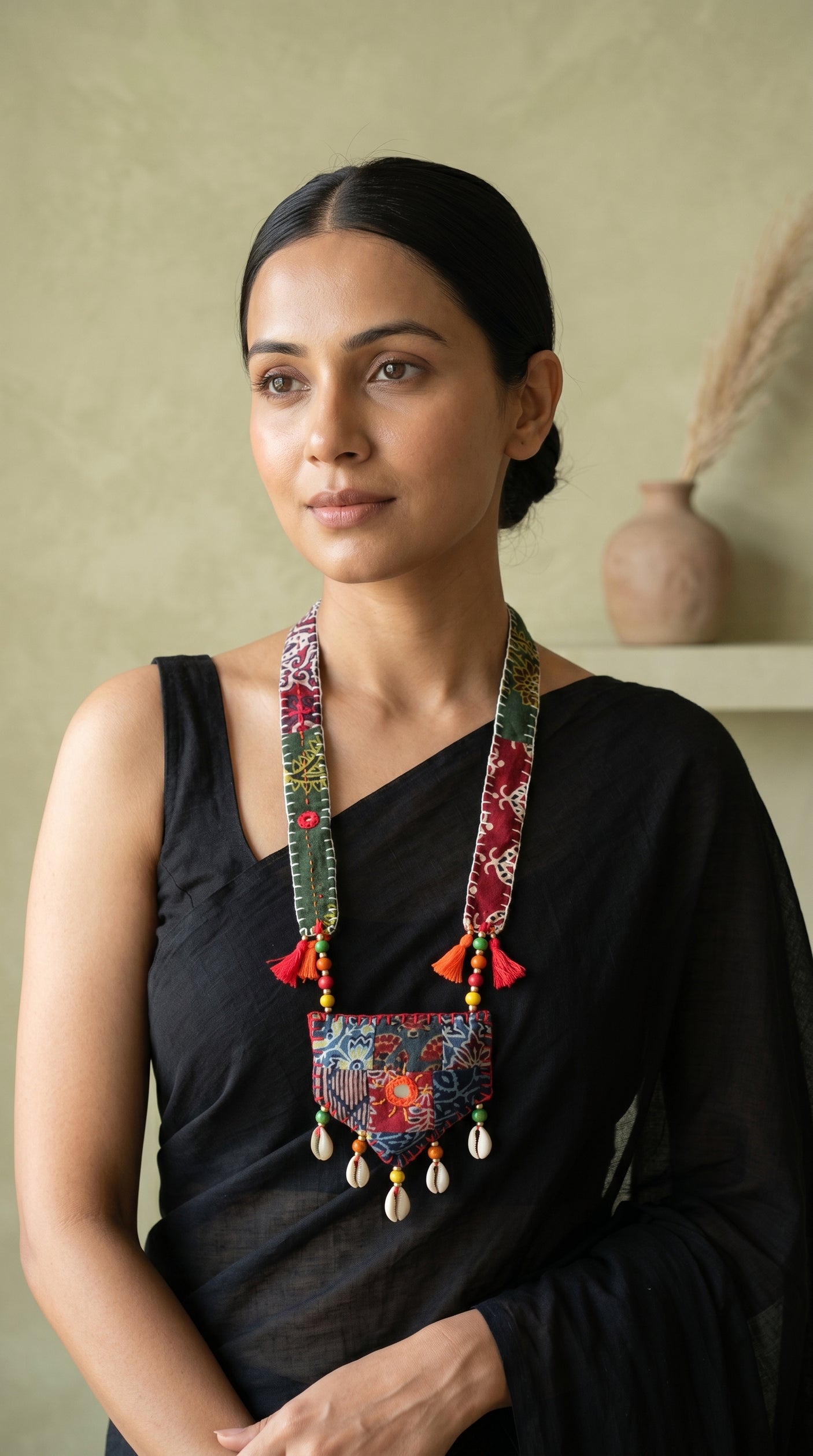 Multi-Color Block Printed Fabric Necklace Accentuated with Shells