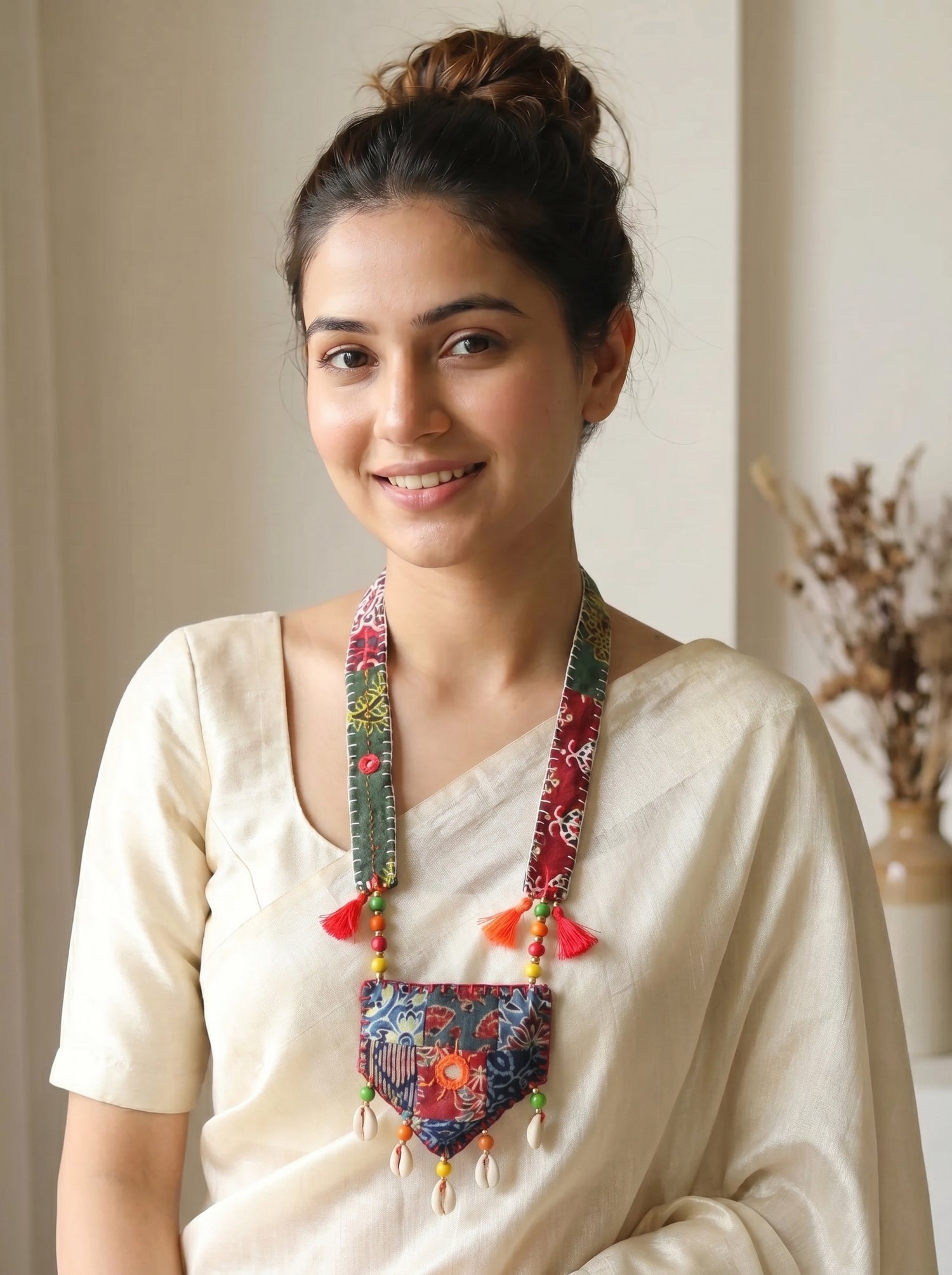Multi-Color Block Printed Fabric Necklace Accentuated with Shells