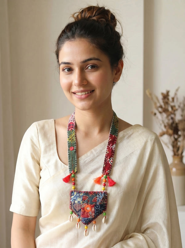 Multi-Color Block Printed Fabric Necklace Accentuated with Shells