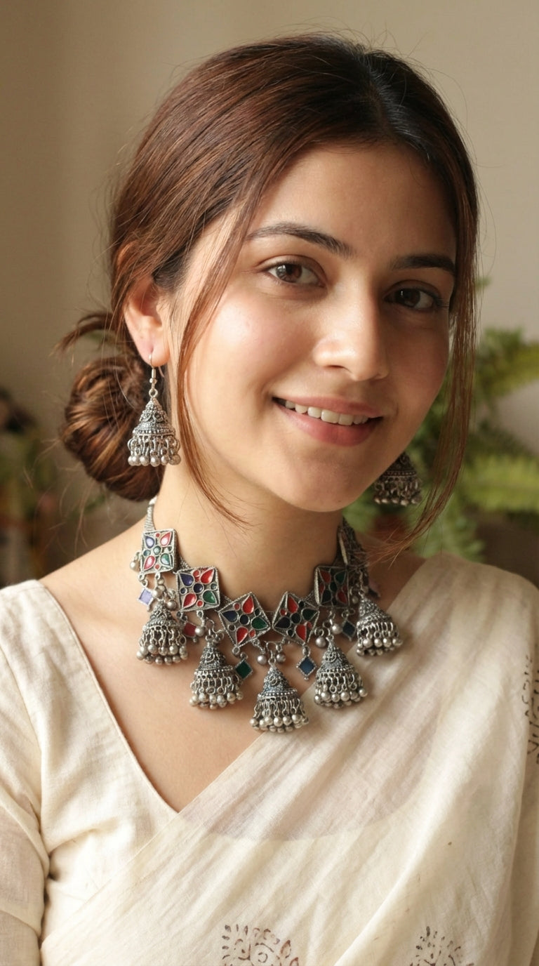 Multi-Color Enamel Painted Elaborate Oxidised Finish Choker Necklace Set