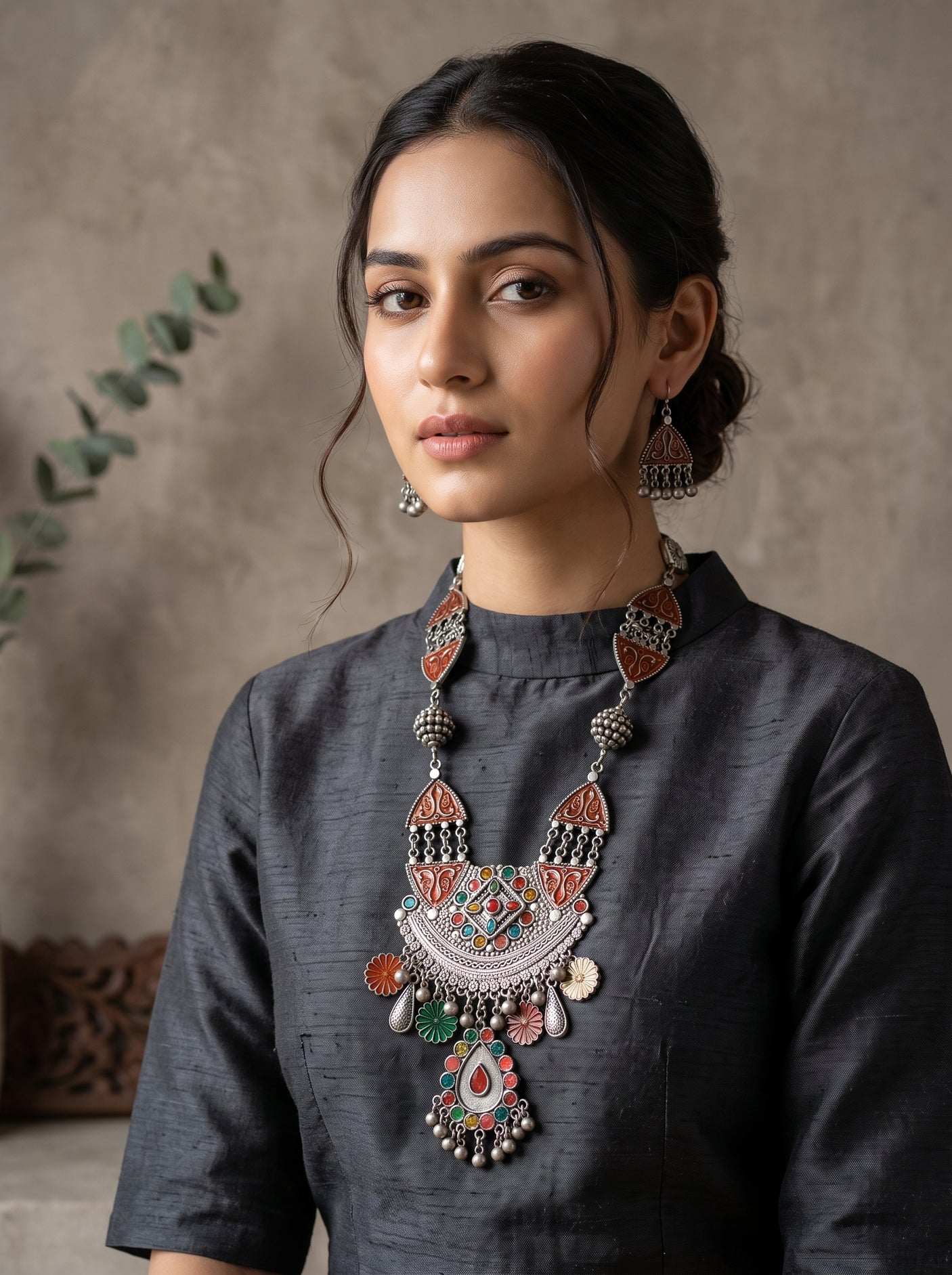 Multi-Color Enamel Painted Flower Motifs Oxidised Silver Finish Long Afghani Necklace Set