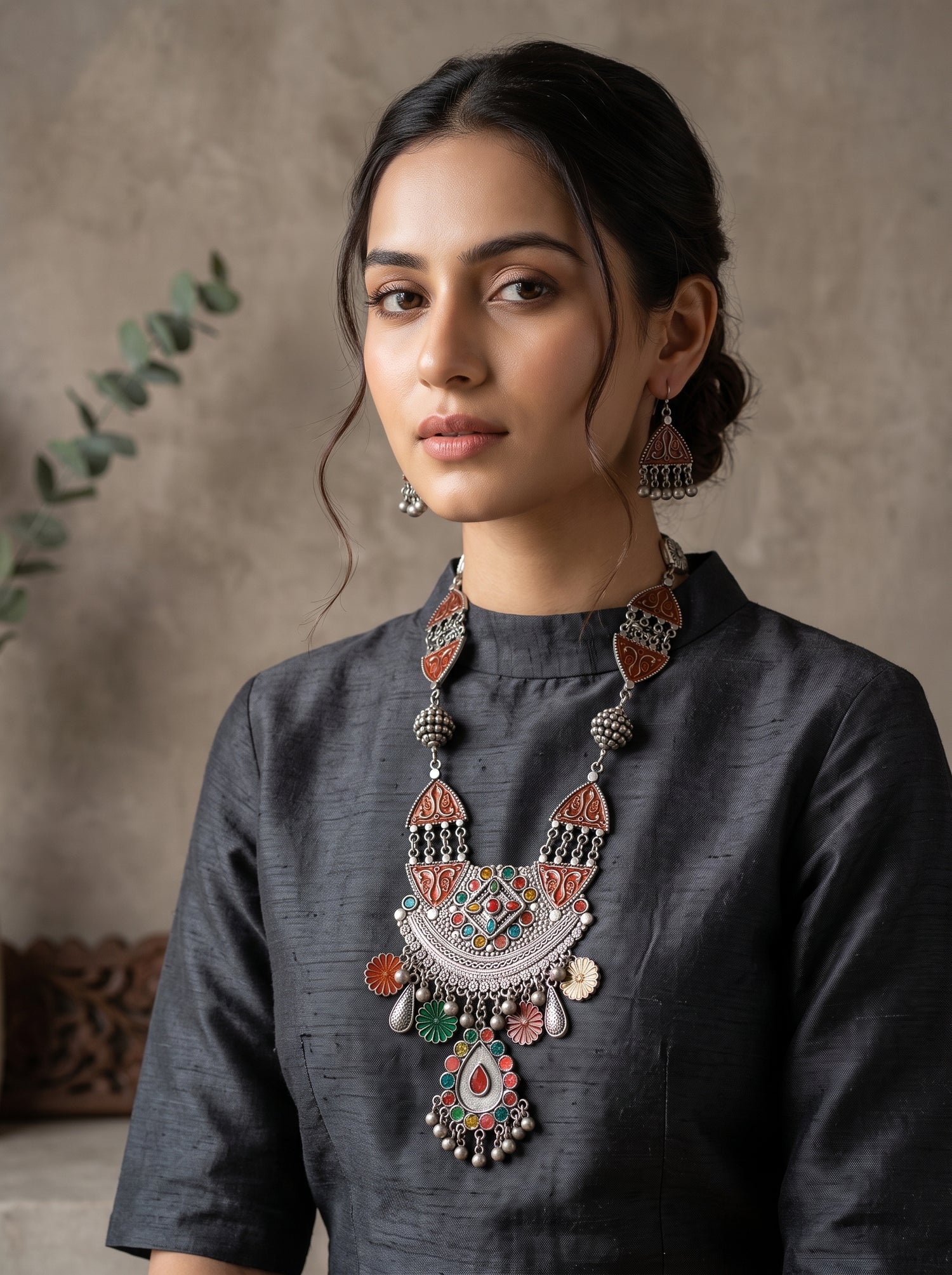 Multi-Color Enamel Painted Flower Motifs Oxidised Silver Finish Long Afghani Necklace Set