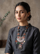Multi-Color Enamel Painted Flower Motifs Oxidised Silver Finish Long Afghani Necklace Set