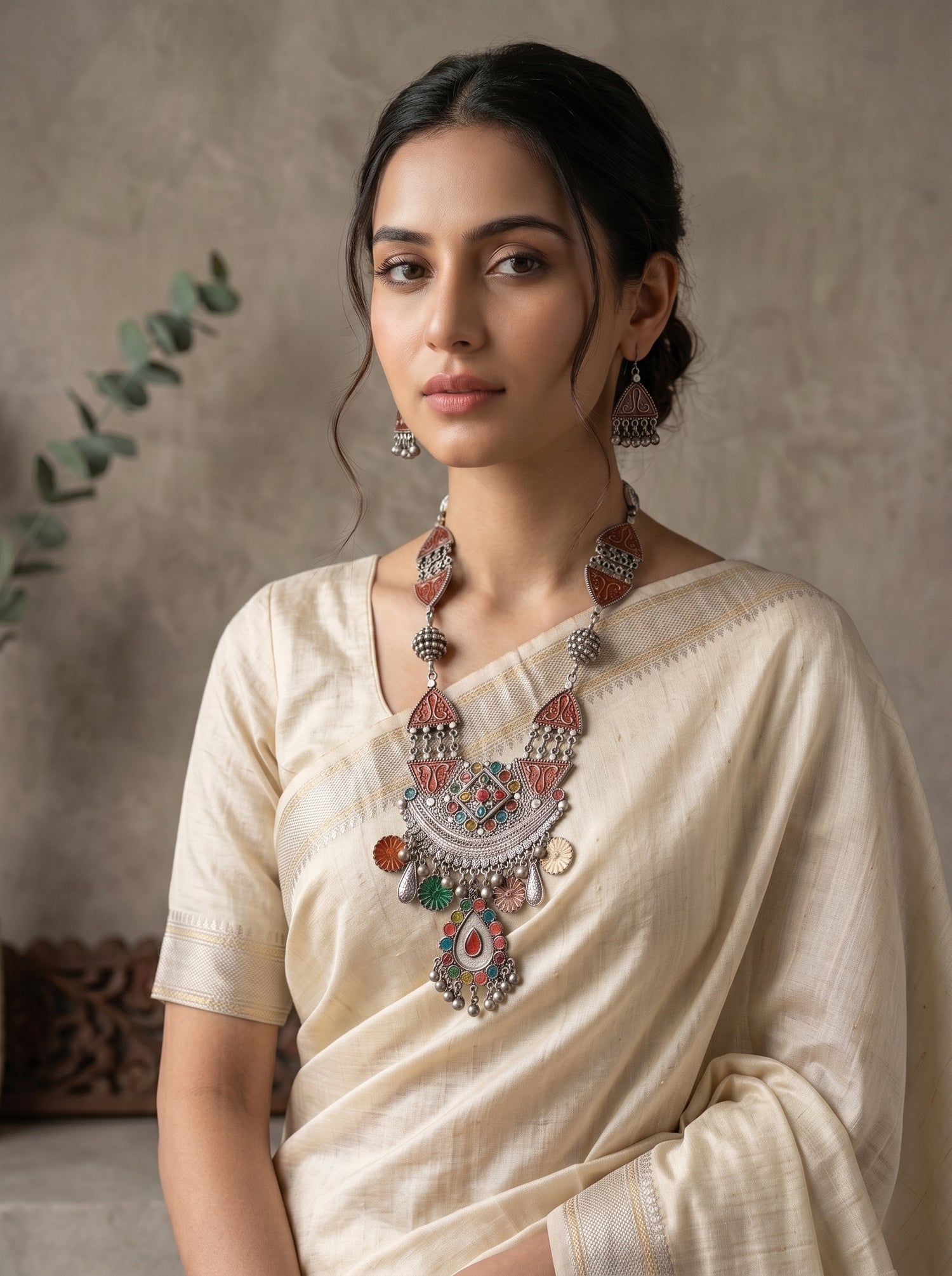 Multi-Color Enamel Painted Flower Motifs Oxidised Silver Finish Long Afghani Necklace Set