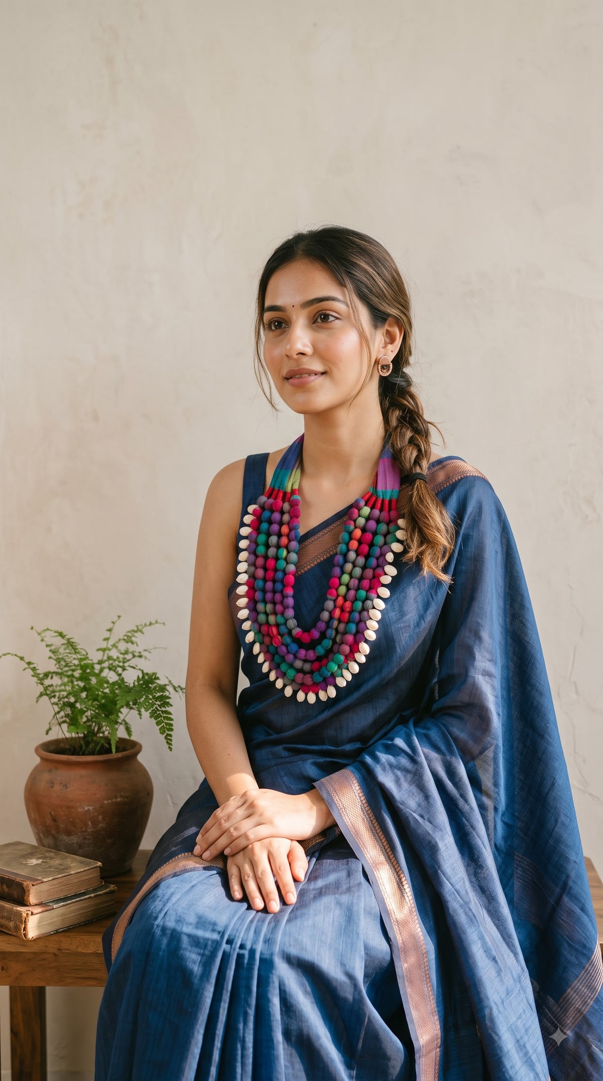 Multi-Layer Earthy Tones 5 Layer Fabric Beads Necklace with Shells