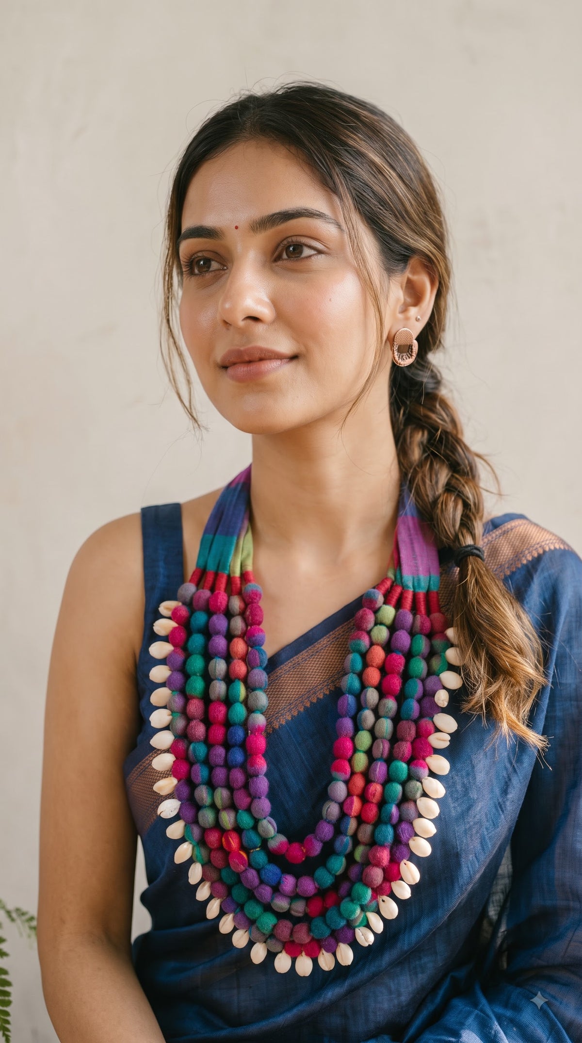 Multi-Layer Earthy Tones 5 Layer Fabric Beads Necklace with Shells