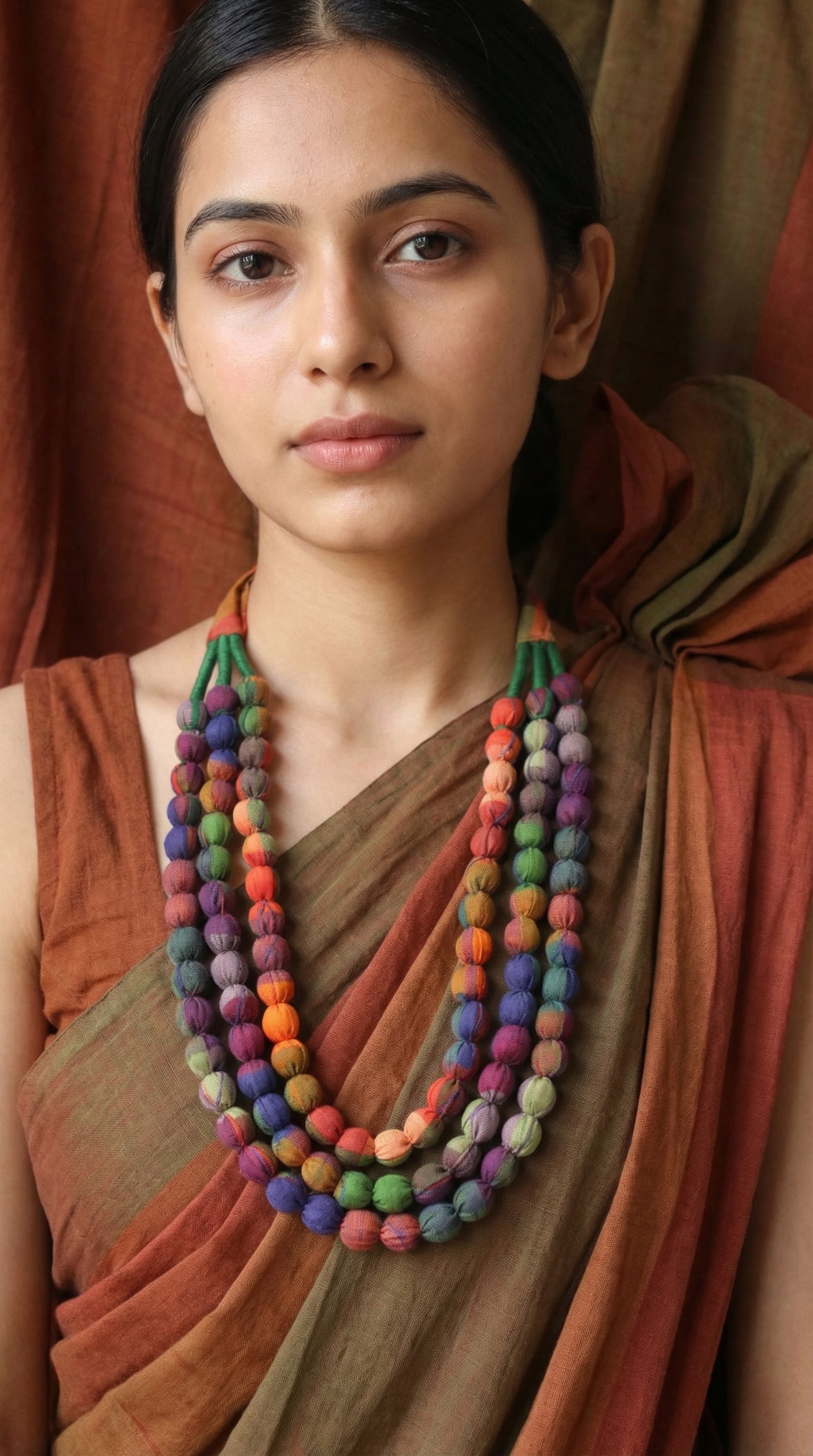Multi-Layer Earthy Tones Fabric Beads Necklace