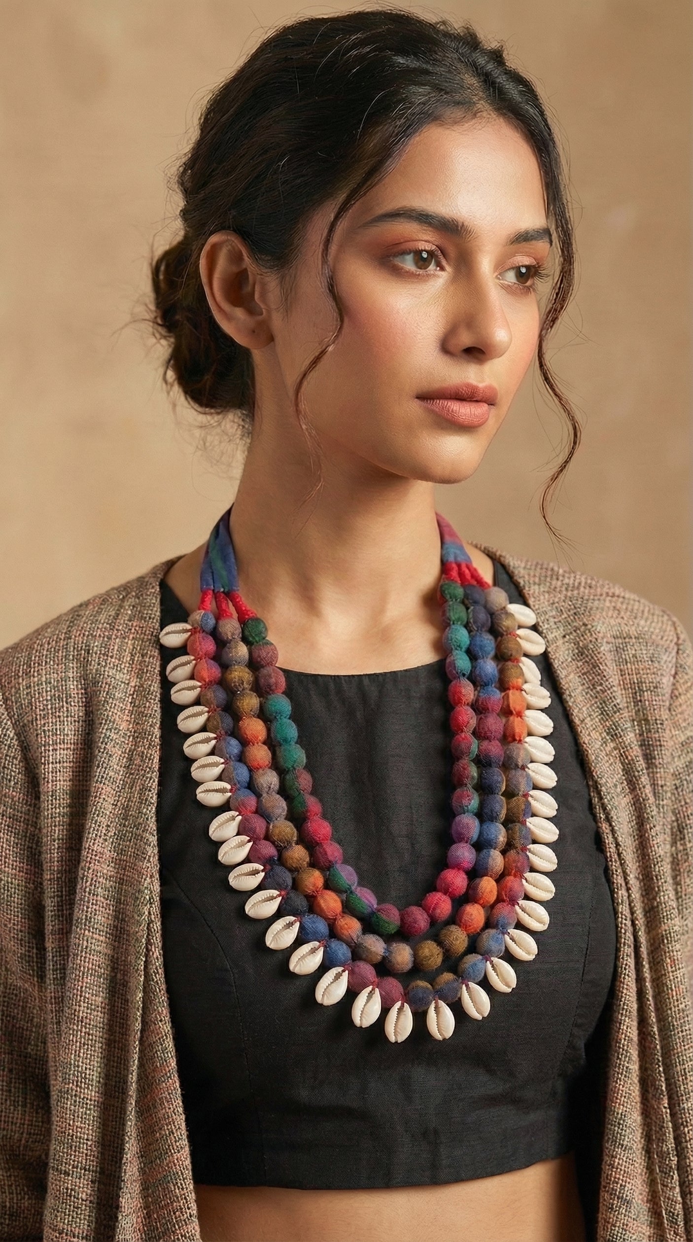 Multi-Layer Earthy Tones Fabric Beads Necklace with Shells