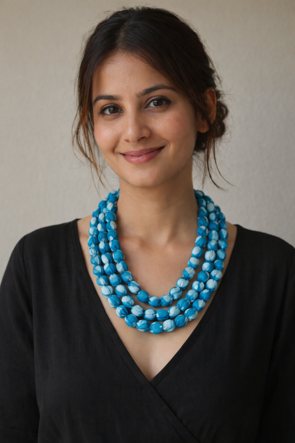 Multi-Layer Shades of Blue Earthy Tones Fabric Beads Necklace